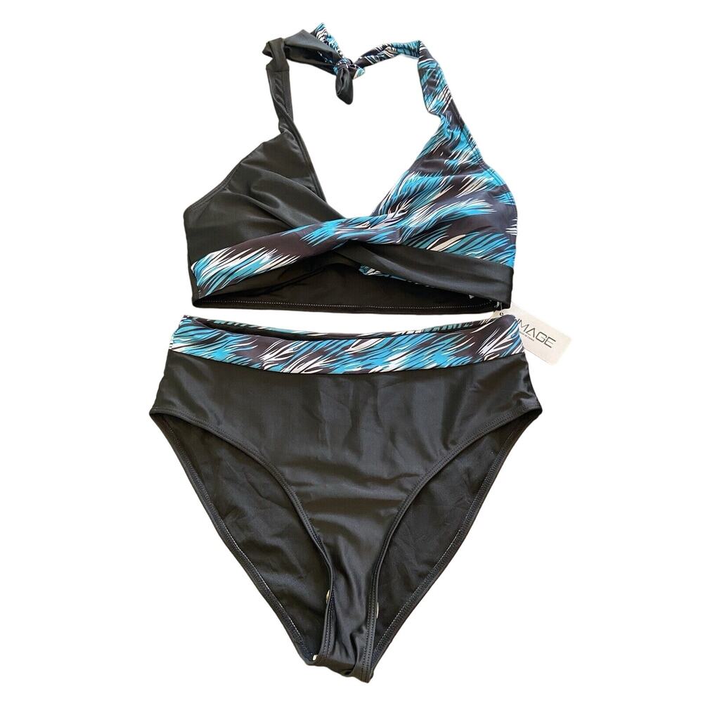 Aimage Womens 2 pc Blue Colorblock Bikini High Waist Swimsuit Swimwear Size L